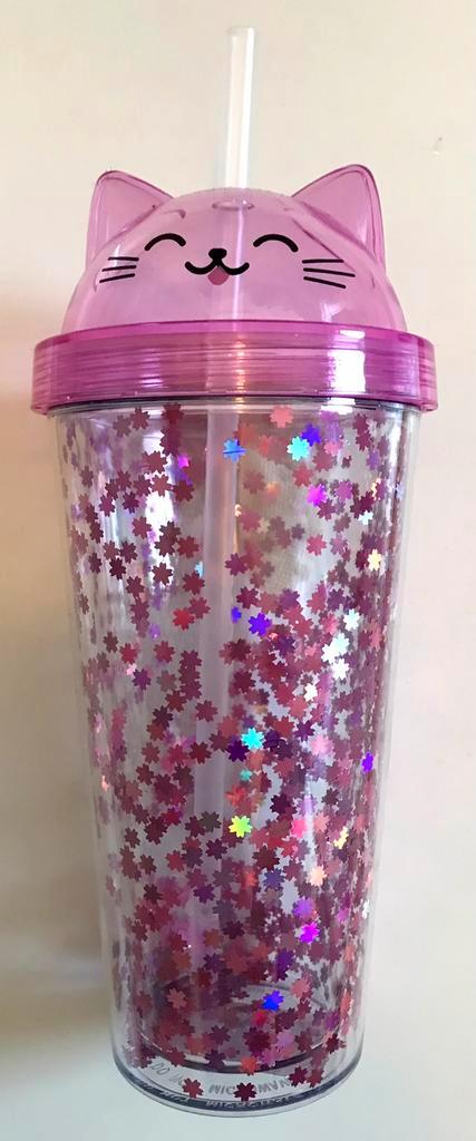 vrolijke dubbelwandige glitters drinkbeker met rietje - poes, Huis en Inrichting, Keuken | Servies, Zo goed als nieuw, Overige stijlen