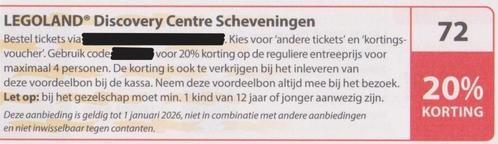 LEGOLAND Discovery Centre Scheveningen, 20% korting. Bon 72., Tickets en Kaartjes, Recreatie | Pretparken en Attractieparken, Drie personen of meer