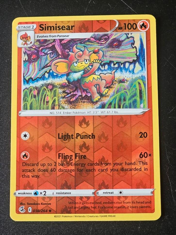 Pokémon kaart - Fusion Strike - Simisear 38/264 reverse, Hobby en Vrije tijd, Verzamelkaartspellen | Pokémon, Nieuw, Losse kaart