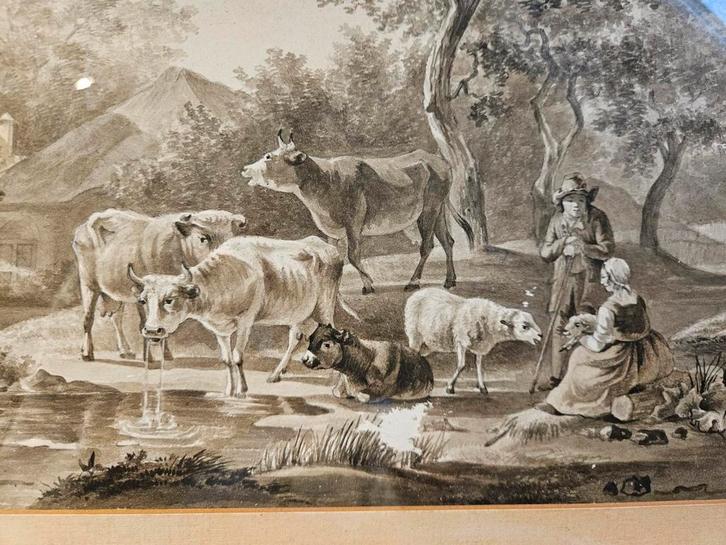 Antieke tekening met landschap en vee, 56x45 cm, Antiek en Kunst, Kunst | Etsen en Gravures, Ophalen of Verzenden