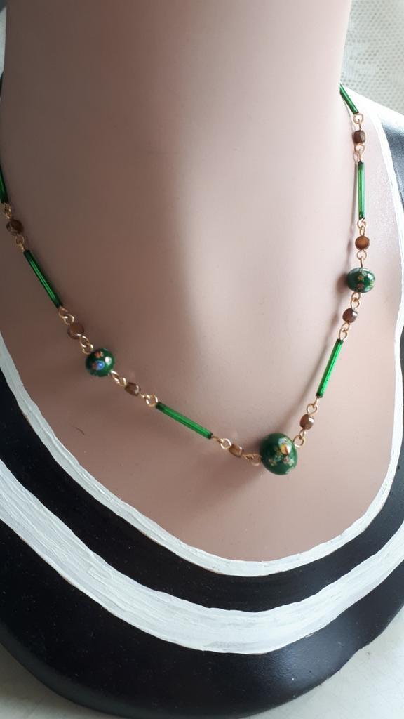 Ketting Heldergroene Glaspijpjes en Millefiori Kralen, Sieraden, Tassen en Uiterlijk, Antieke sieraden, Ketting, Overige materialen