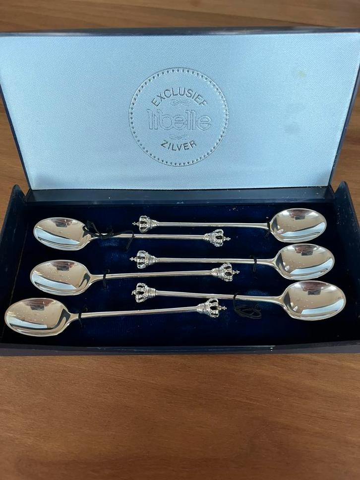 6 verzilverde theelepels met kroon exclusief Libelle zilver, Antiek en Kunst, Antiek | Bestek, Ophalen of Verzenden