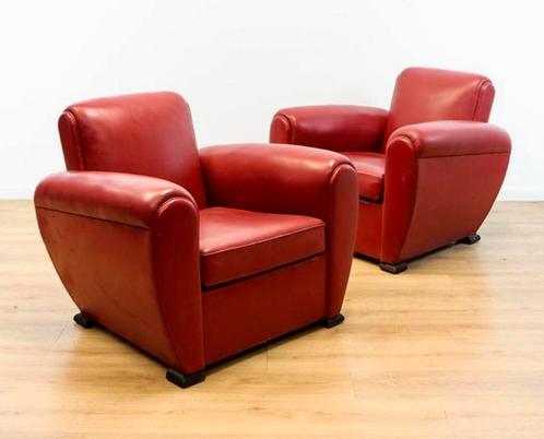 Poltrona Frau;Vintage paar rode clubfauteuils, ca 1955., Huis en Inrichting, Fauteuils, Gebruikt, Leer, 50 tot 75 cm, 100 tot 125 cm