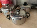 3 pannen, Huis en Inrichting, Keuken | Potten en Pannen, Ophalen of Verzenden, Zo goed als nieuw, Rvs, Pannenset