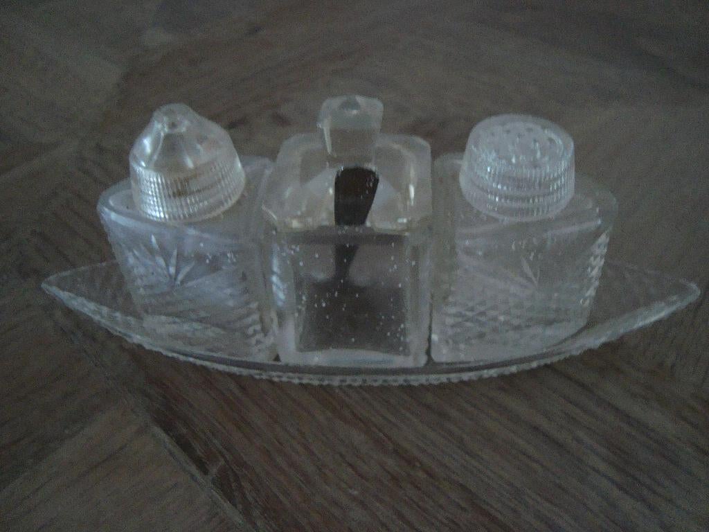 Peper zout en mosterd glazen setje excl onder schaaltje, Antiek en Kunst, Ophalen of Verzenden