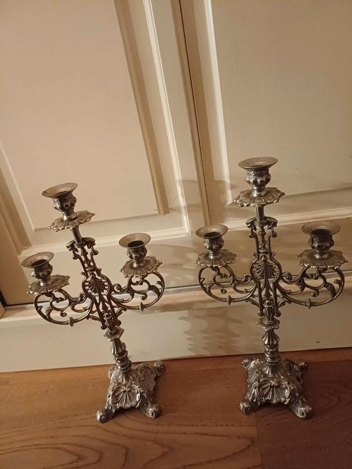 Antieke Vernikkeld Tinnen Kandelaars, Antiek en Kunst, Antiek | Kandelaars, Ophalen of Verzenden