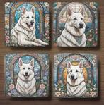 Zwitserse Witte Herder Glas in Lood onderzetters met houder, Verzenden, Nieuw, Glas of Kopje