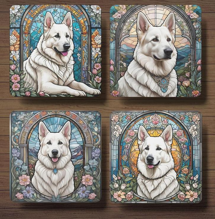 Zwitserse Witte Herder Glas in Lood onderzetters met houder, Huis en Inrichting, Woonaccessoires | Onderzetters, Nieuw, Glas of Kopje