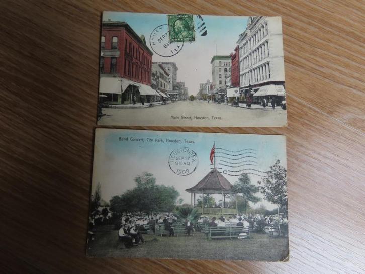 2 antieke ansichten post cards: Houston, Texas, 1909 gelopen, Verzamelen, Ansichtkaarten | Buitenland, Gelopen, Buiten Europa