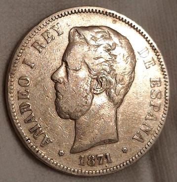 Spaanse 5 Pesetas 1871 - Amadeo I beschikbaar voor biedingen