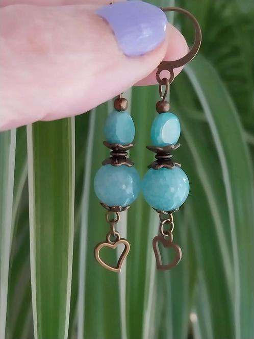 Aquamarijn oorbellen met hartje #1576, Sieraden, Tassen en Uiterlijk, Oorbellen, Zo goed als nieuw, Overige materialen, Blauw