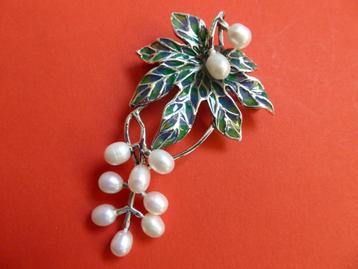 Prachtige Zilveren Tiffany Hanger/Broche - Blad met parels beschikbaar voor biedingen