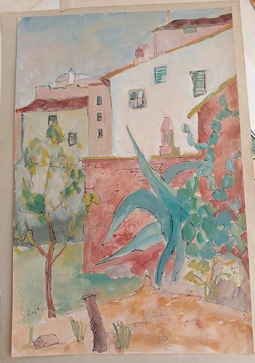Zuid Europese tuin aquarel jaren 40/60, Antiek en Kunst, Kunst | Tekeningen en Foto's, Verzenden