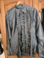 Grijs zilverkleurig overhemd met ruches - HIM - Maat L, HIM, Ophalen of Verzenden, Zo goed als nieuw, Halswijdte 41/42 (L)
