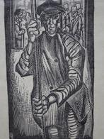 Houtsnede boer met stok en rijke heren, monogram BO of BJ, Antiek en Kunst, Kunst | Etsen en Gravures, Verzenden