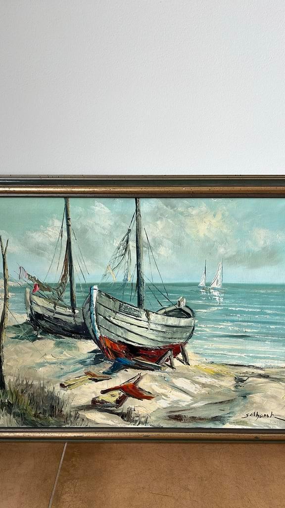 Schilderij van Ad Selhorst - Boten op het strand, Antiek en Kunst, Kunst | Schilderijen | Klassiek, Ophalen of Verzenden