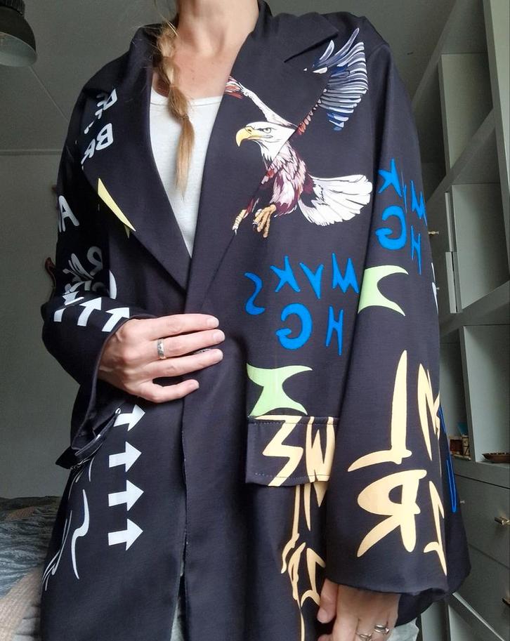 Zwarte Blazer met Print - Made in Italy - Maat L, Kleding | Dames, Jasjes, Kostuums en Pakken, Zo goed als nieuw, Jasje, Maat 42/44 (L)