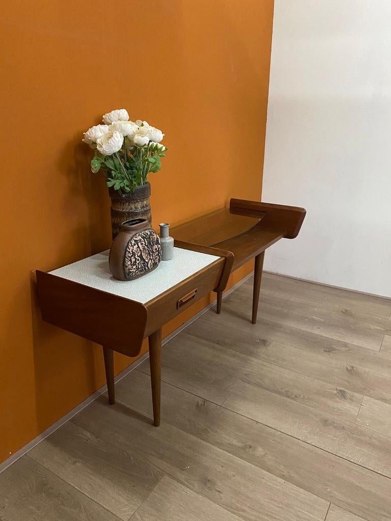 Vintage Deense lowboard kaptafel glasplaat en formica blad, Ophalen, 100 tot 150 cm, N.v.t., N.v.t.