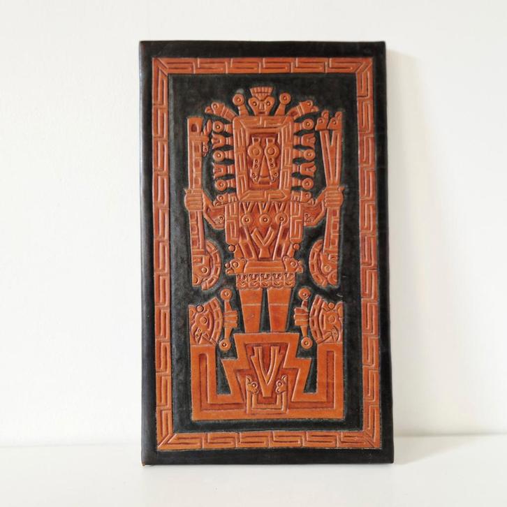 60's, Inca wandbord leren wanddecoratie  viracocha mexico, Antiek en Kunst, Curiosa en Brocante, Ophalen of Verzenden
