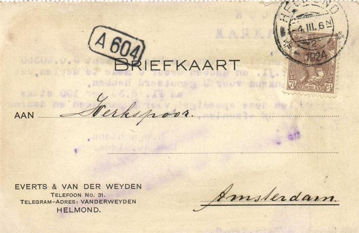Everts + van der Weyden, Helmond - 03.1924 - briefkaart, Postzegels en Munten, Brieven en Enveloppen | Nederland, Envelop, Ophalen of Verzenden