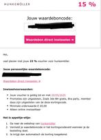 Kortingsbon hunkemoller 15%, Tickets en Kaartjes, Eén persoon, Kortingsbon, Overige typen