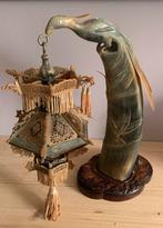 Kunstobject zilverreiger buffelhoorn met chinees lantaarntje, Antiek en Kunst, Ophalen of Verzenden