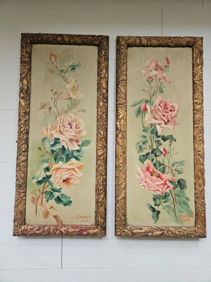 Franse antieke olieverf schilderijen op hout. Roses, Antiek en Kunst, Kunst | Schilderijen | Klassiek, Ophalen