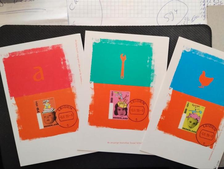 3 Kinderpostzegel kaarten uitgegeven 16-11-1996., Antiek en Kunst, Kunst | Litho's en Zeefdrukken, Ophalen of Verzenden