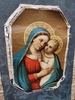 Antiek schilderij Maria kindje Jezus op " wandkleed " Miekje, Ophalen of Verzenden