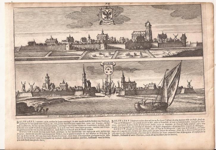 Gezichten op Bolsward en Dokkum door Bouttats / Peeters 1674, Antiek en Kunst, Kunst | Etsen en Gravures, Ophalen of Verzenden