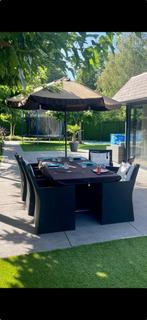 Zwarte parasol met voet voor tuinset of loungeset, Tuin en Terras, Ophalen, Kunststof, Eettafel, 6 zitplaatsen