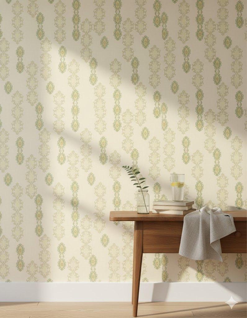 6980 mint creme klassiek vintage behang zacht frisse sfeer, Ophalen of Verzenden, Minder dan 10 m², Geel
