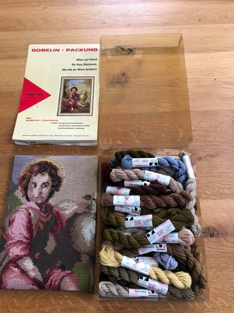 Nieuw Vintage gobelin borduurpakket stramien+36 strengen wol, Ophalen of Verzenden, Nieuw, Handborduren, Borduurpakket