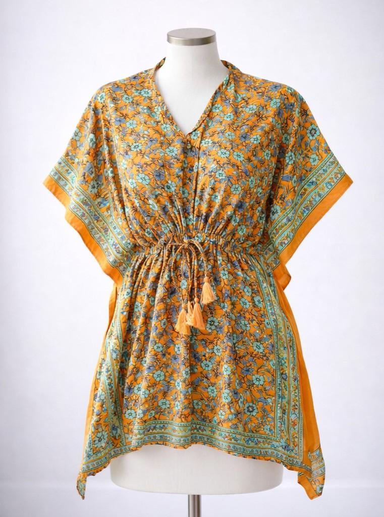 Boho kaftan jurk zijde mix – kleurrijk bloemenprint – one si, Maat 38/40 (M), Oranje, Ophalen of Verzenden, Zo goed als nieuw