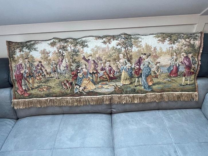 Vintage wandtapijt met jachtscène en picknick, Antiek en Kunst, Antiek | Kleden en Textiel, Ophalen of Verzenden