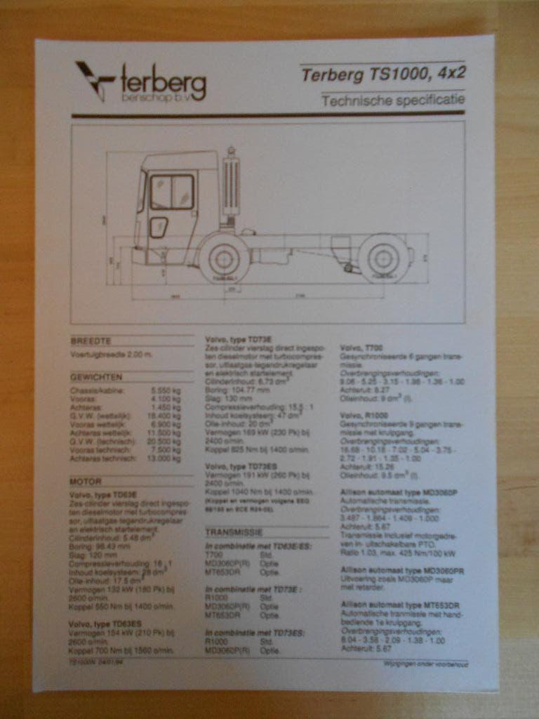 Terberg TS1000 4x2 Technische Specificatie folder 1994, Ophalen of Verzenden, Zo goed als nieuw, Overige merken, Terberg