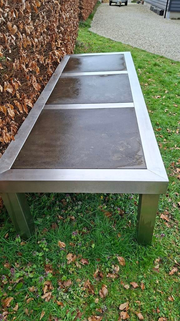 Grote RVS Tuintafel met 3 Natuurstenen tegels 280x100x75 cm, Ophalen, Gebruikt, Rechthoekig, Rvs