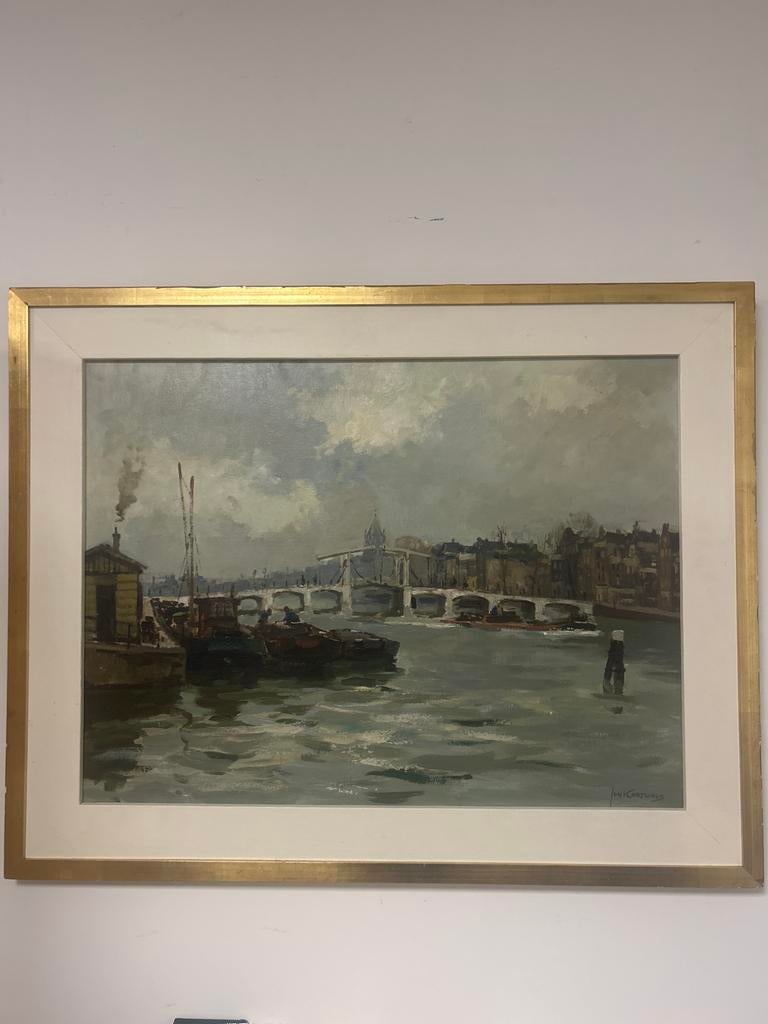 Jan Korthals - Olieverf op doek - Zicht op de Magere Brug, Ophalen of Verzenden