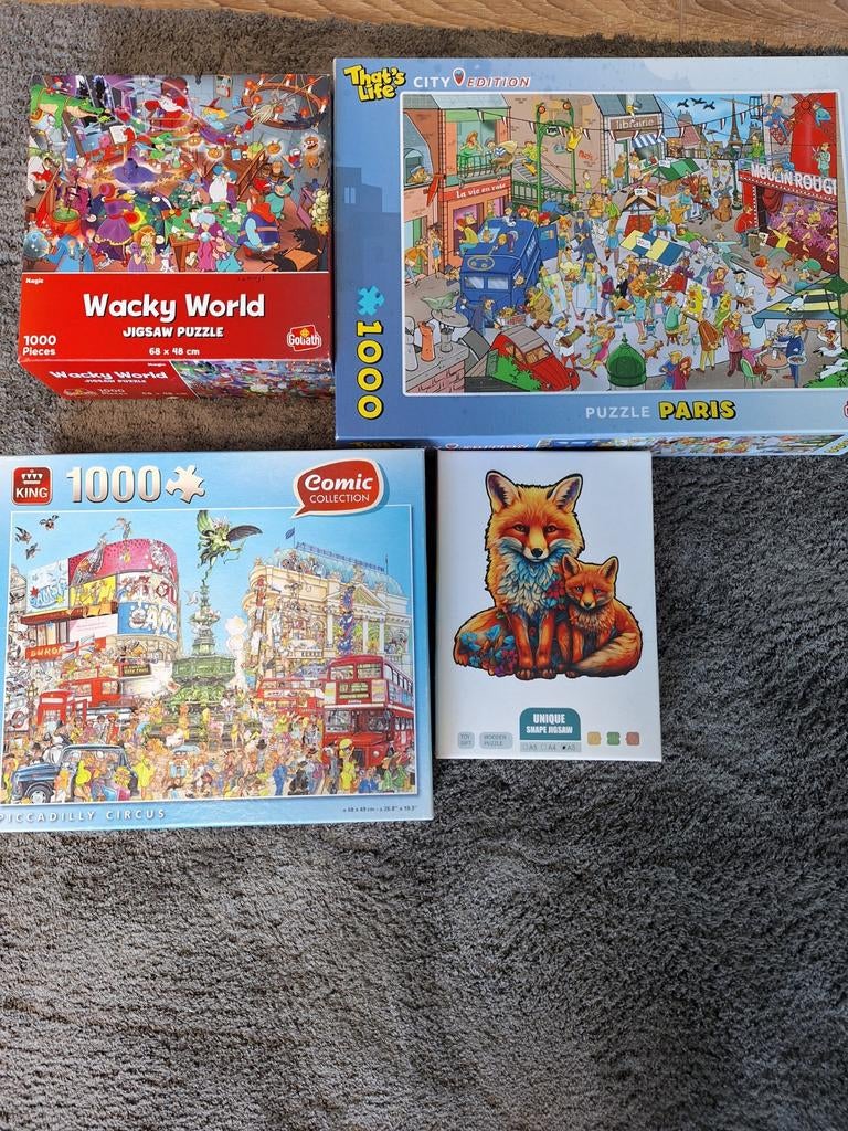 Diverse puzzels: Wacky World, Parijs, Piccadilly Circus, Vos, Hobby en Vrije tijd, Ophalen, 500 t/m 1500 stukjes, Gebruikt, Legpuzzel