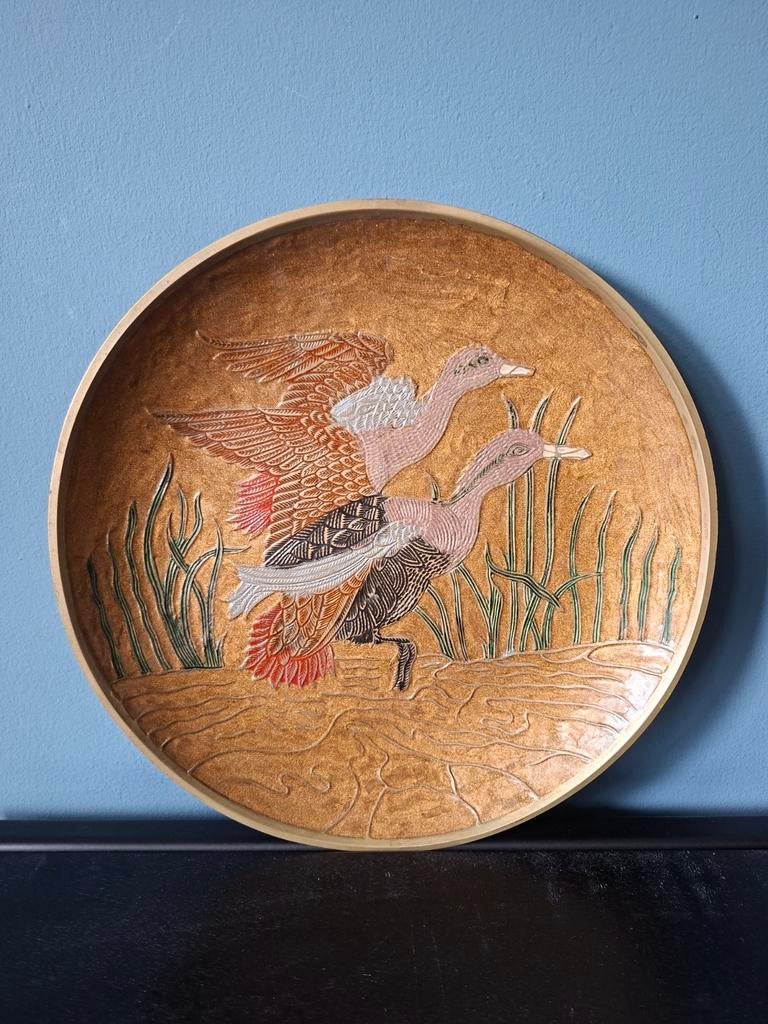 Wandbord messing emaille met vogels, Antiek en Kunst, Ophalen of Verzenden