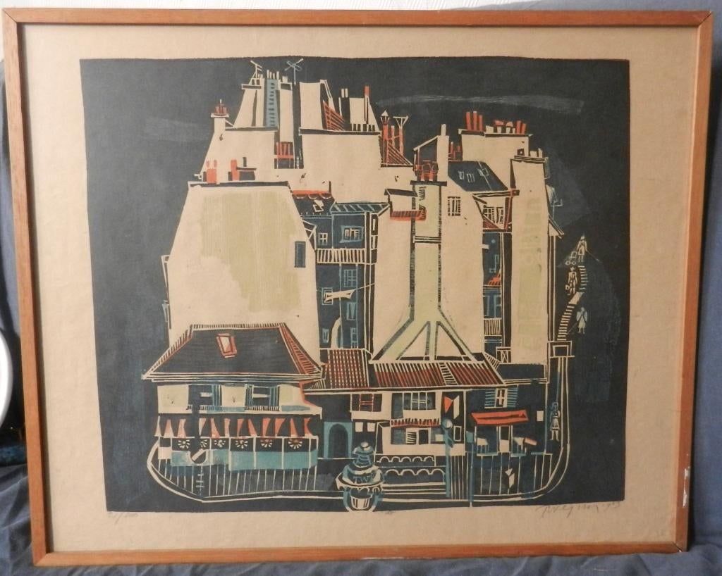 Linosnede Stadsgezicht Toon Wegner 1963 hxb: 33,4 x 39,4 cm., Ophalen of Verzenden