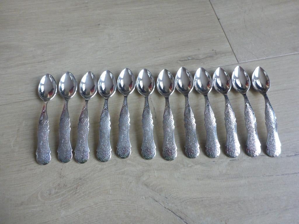 12 biedermeier stijl verzilverde advocaat lepeltjes., Ophalen of Verzenden, Zo goed als nieuw, Zilver, Los bestek