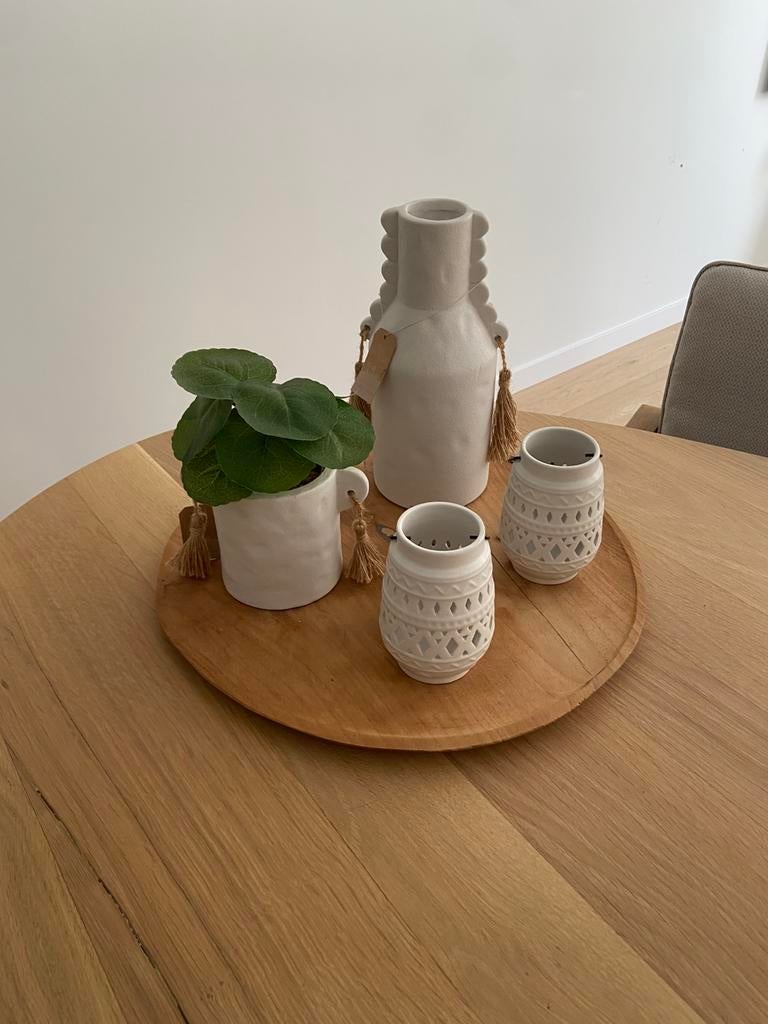 Teak hout plateau vaas bloempot nepplant 2x theelichthouder, Ophalen, Nieuw