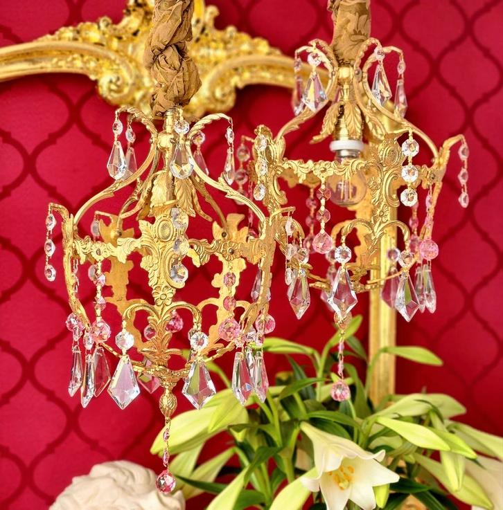 Antieke vergulde messing hanglampen set, Antiek en Kunst, Antiek | Lampen, Ophalen of Verzenden