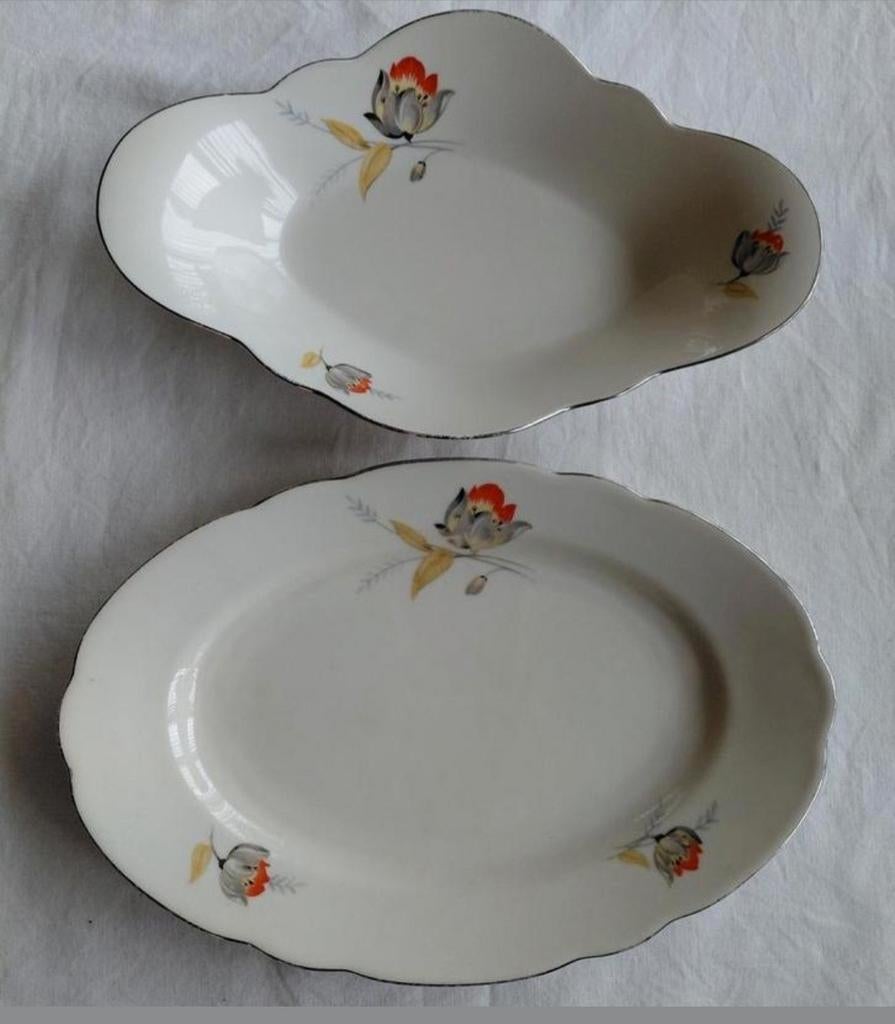 Meissen creme schaaltjes rode gele tulp magnolia zilveren, Ophalen of Verzenden