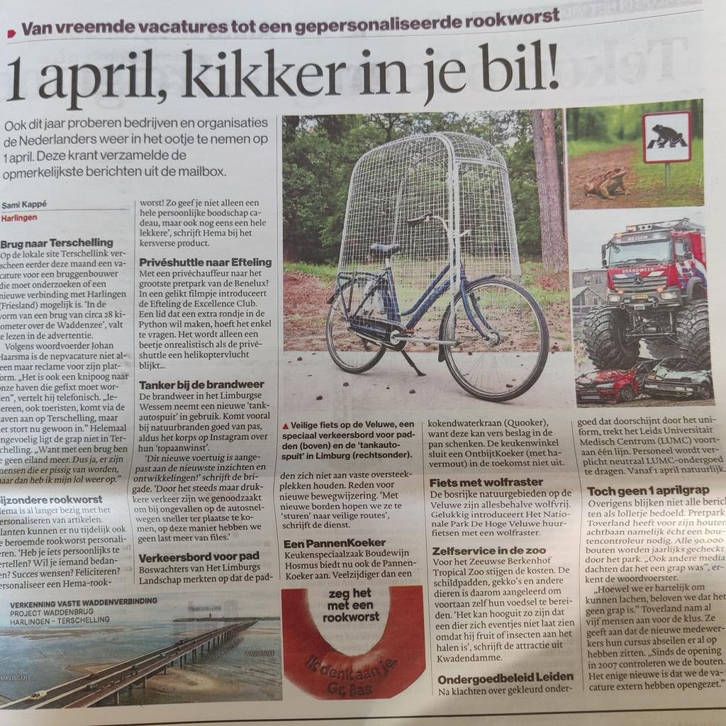 1 April, kikker in je bil met oa Efteling grap. Krantenart., Verzamelen, Ophalen of Verzenden, 1980 tot heden, Nederland, Knipsel(s)