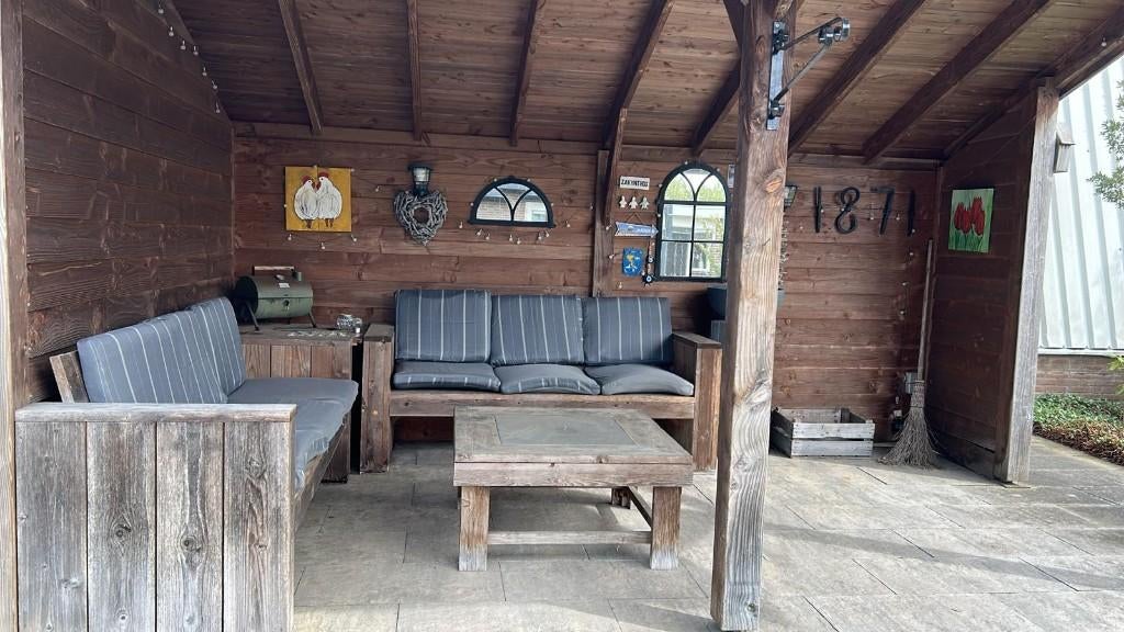 Houten tuinbanken en tafel, Tuin en Terras, Tuinbanken, Ophalen, Gebruikt, Hout