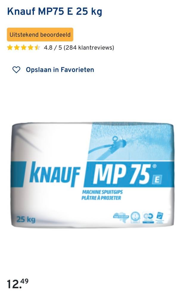 Knauf mp 75 E 25kg (6,5 zakken), vulpasta, voorstrijk, Doe-het-zelf en Verbouw, Verf, Beits en Lak, Ophalen, Zo goed als nieuw