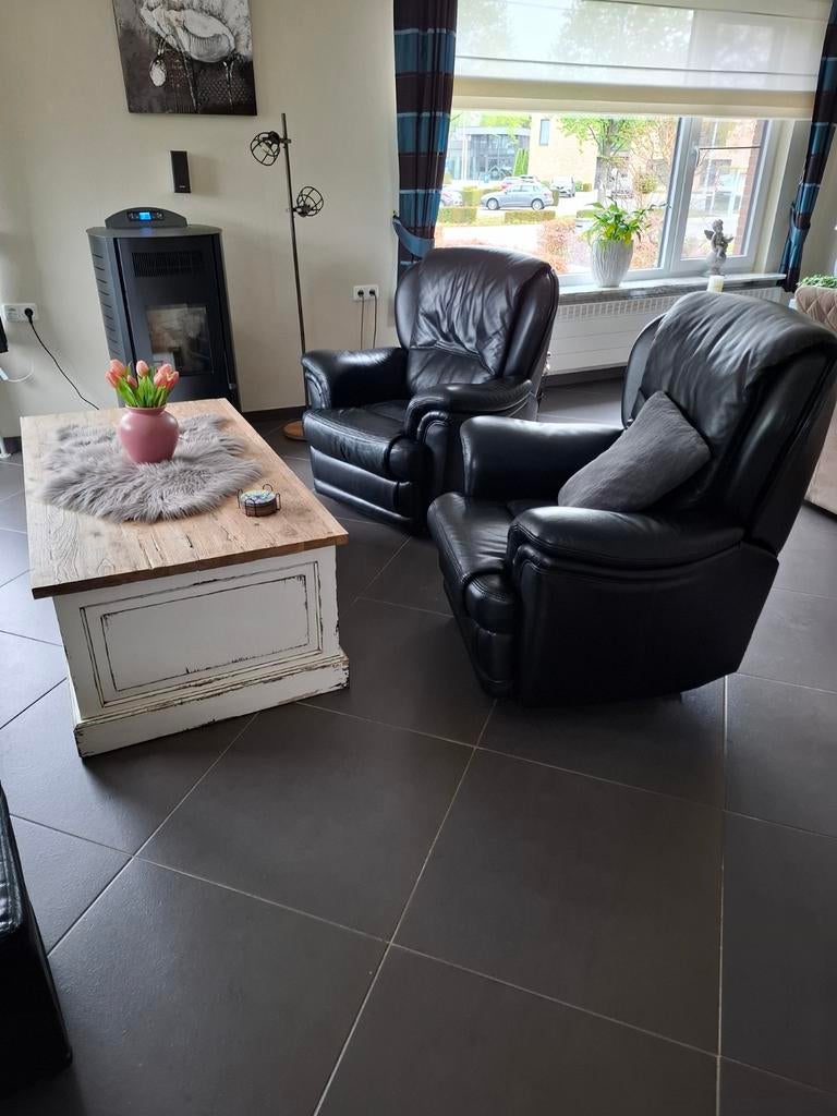 Mooie echt lederen 3-zits bankstel + 2 relax zetels, Ophalen, Gebruikt, Driepersoons, Rechte bank