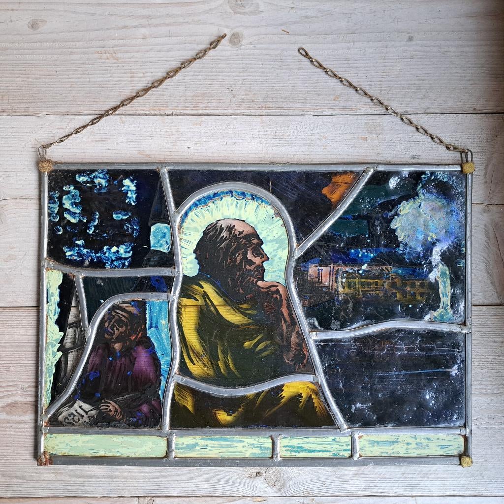 Brocante oud glas-in-lood-raam 44x31cm *Etage3*, Huis en Inrichting, Woonaccessoires | Overige, Gebruikt, Ophalen